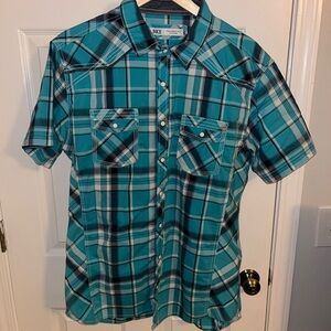 BKE Tailored Fit Shirt Men's Size XL Blue Plaid Western Pearl Snap Short Sleeve
